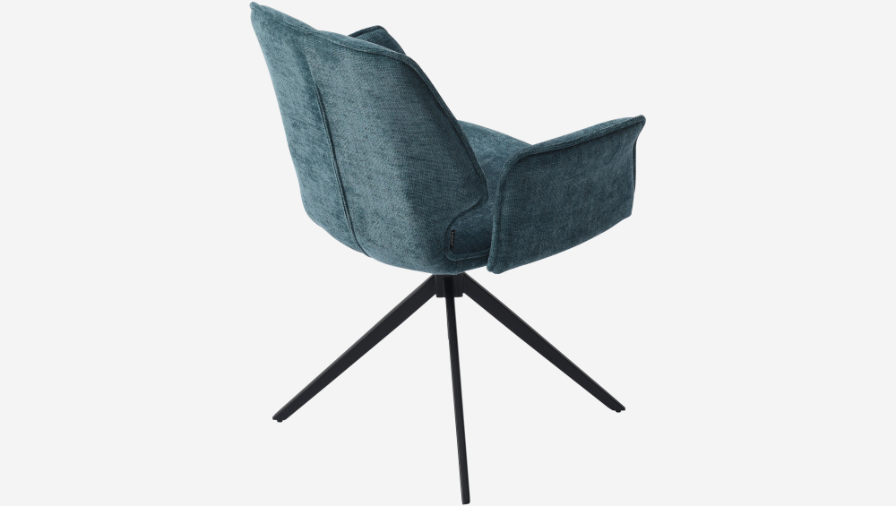 Lot de 2 chaises pivotantes en tissu chenille et métal noir avec accoudoirs - Bleu canard