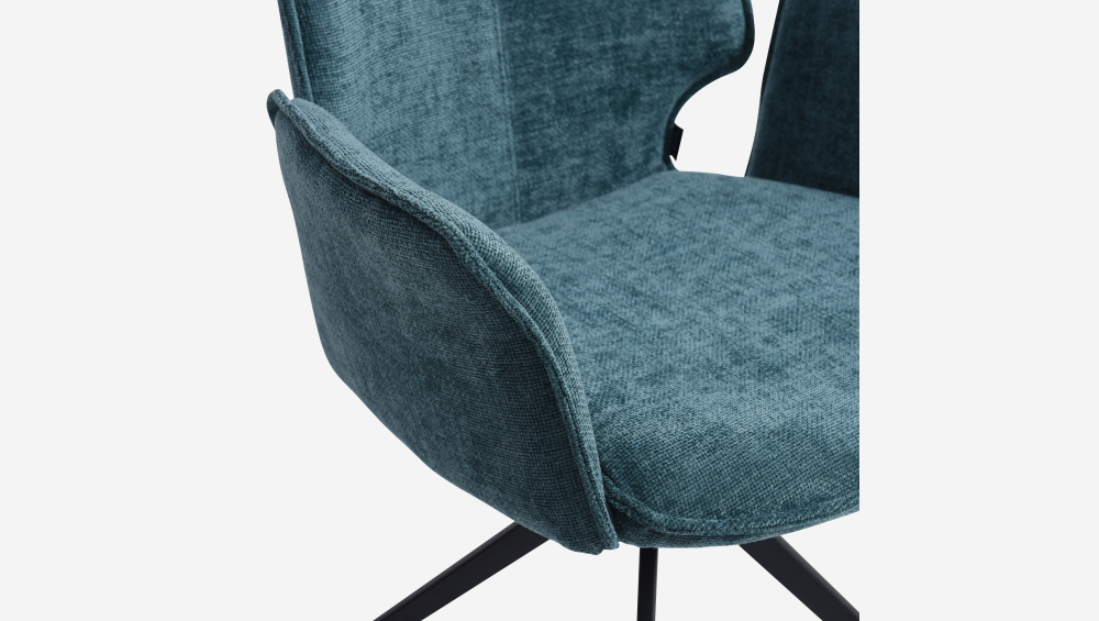 Lot de 2 chaises pivotantes en tissu chenille et métal noir avec accoudoirs - Bleu canard