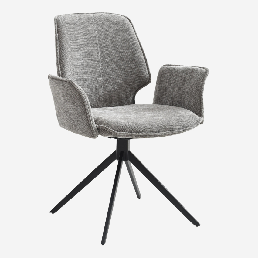 Lot de 2 chaises pivotantes en tissu chenille et métal noir avec accoudoirs - Gris fumé