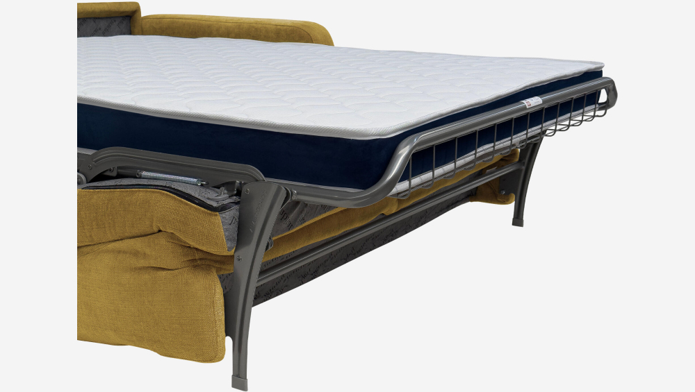 Canapé convertible 3 places - Couchage lattes larges 160 cm - Matelas en mousse haute résilience 14 cm avec surmatelas - Tissu Cerado Jaune argile