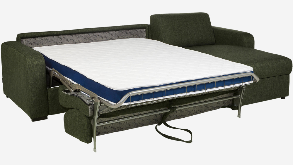 Canapé d'angle convertible - Couchage lattes larges 140 cm - Matelas en mousse haute résilience 14 cm avec surmatelas - Tissu Lipari Vert foncé