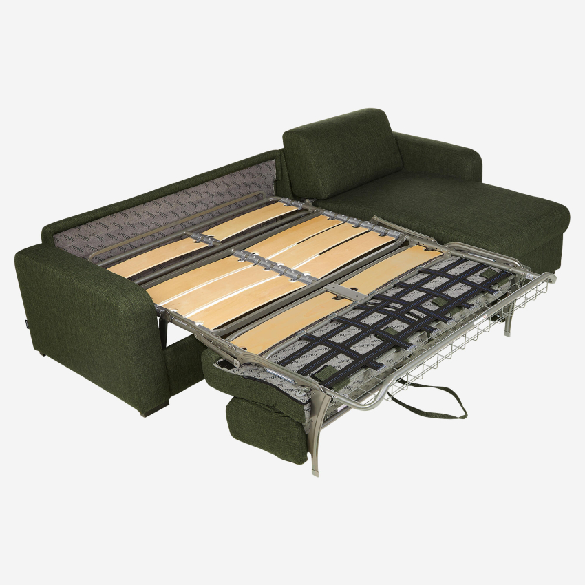 Canapé d'angle convertible - Couchage lattes larges 140 cm - Matelas en mousse haute résilience 14 cm avec surmatelas - Tissu Lipari Vert foncé