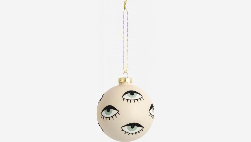 Decoración navideña - Bola de vidrio con ojos dibujados - Beige