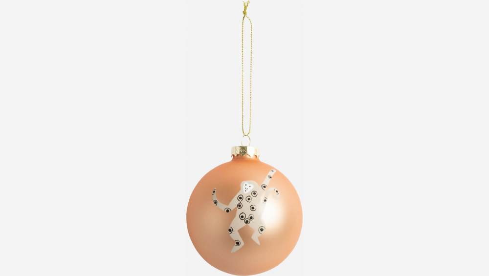 Decoração de Natal - Bola de vidro c/ padrão macaco - Rosa e bege