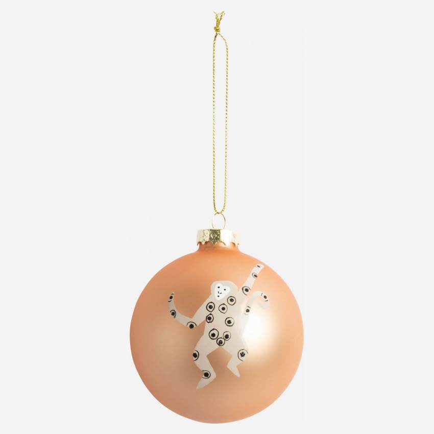 Decoración de Navidad - Bola de vidrio con mono dibujado - Rosa y beige