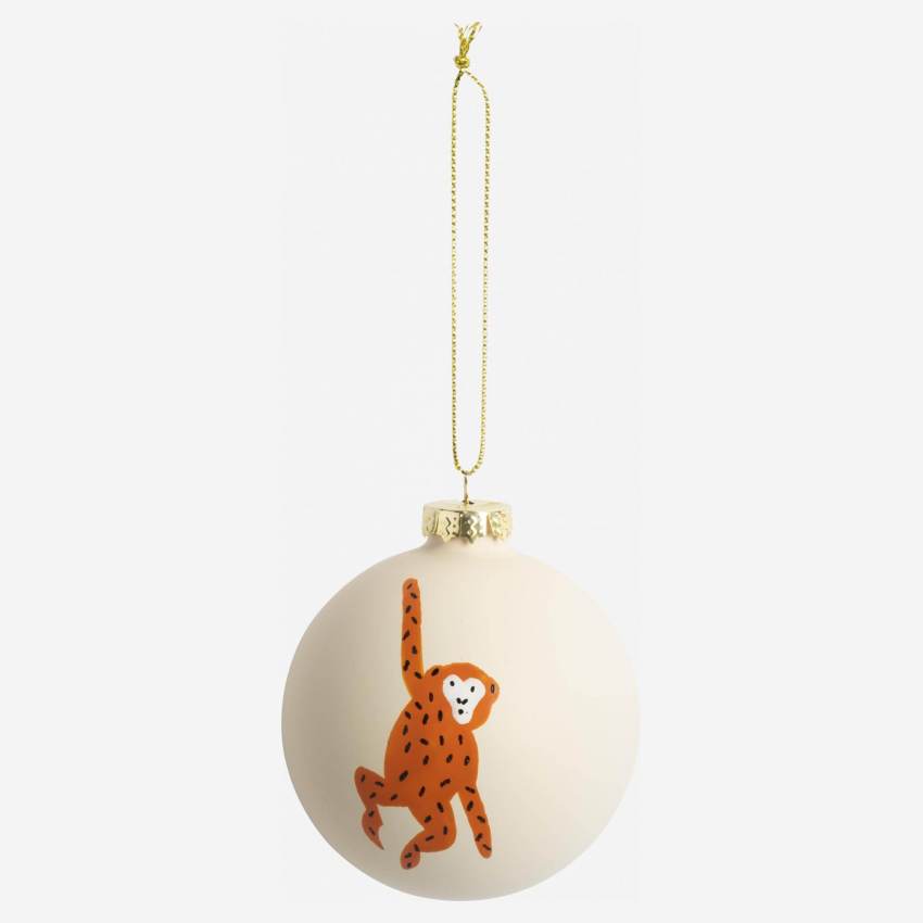 Decoración de Navidad - Bola de vidrio con mono dibujado - Rosa y naranja