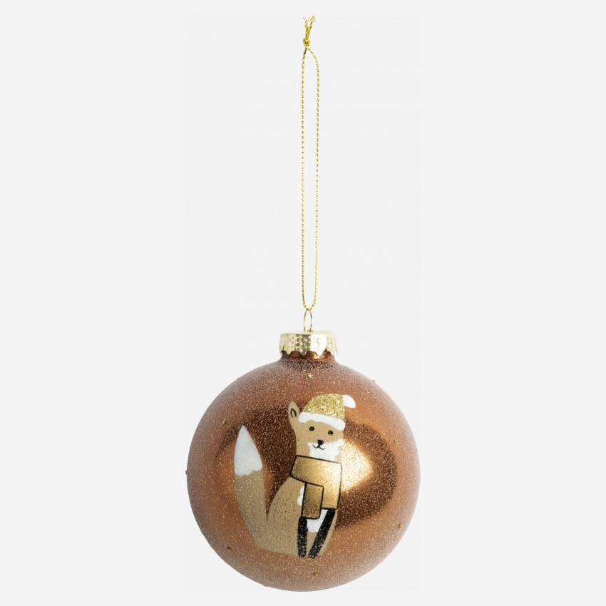 Decoração de Natal - Bola vidro c/ padrão raposa sorridente e cachecol - Bege