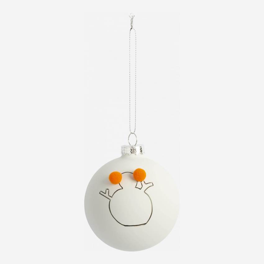 Decoração de Natal - Bola de vidro c/ padrão boneco de neve e pompom - Branco