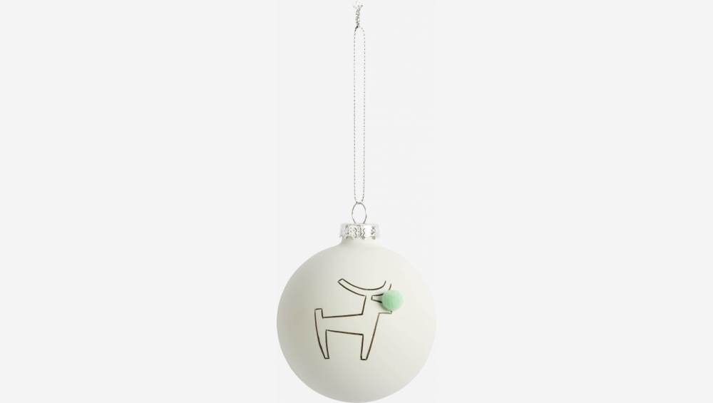 Decoração de Natal - Bola de vidro c/ padrão rena e pompom - Branco