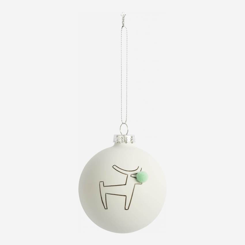 Decorazione natalizia - Palla di vetro con renna e pompon - Bianco