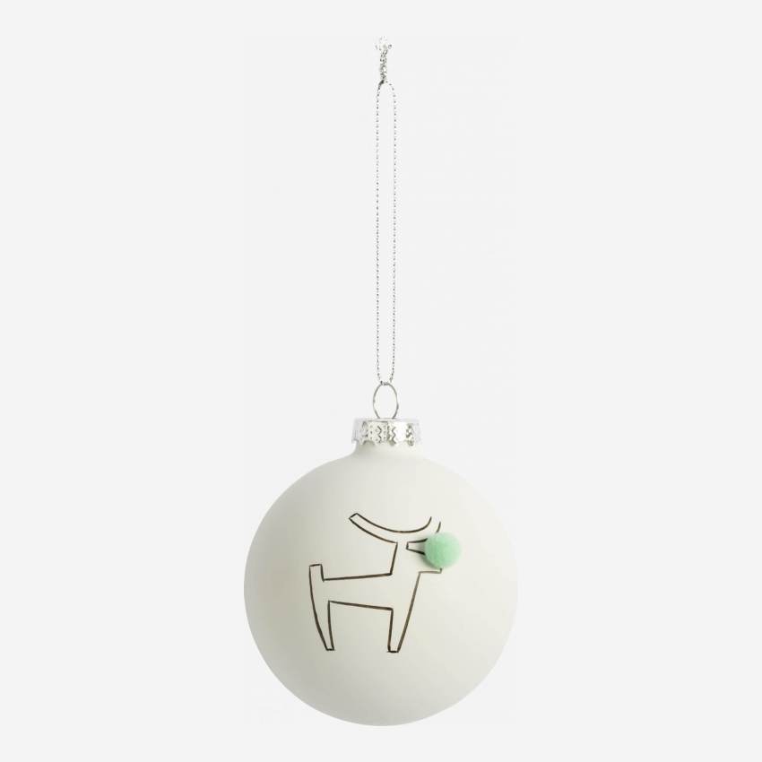 Decoración navideña - Bola de vidrio con reno dibujado y pompón - Blanco