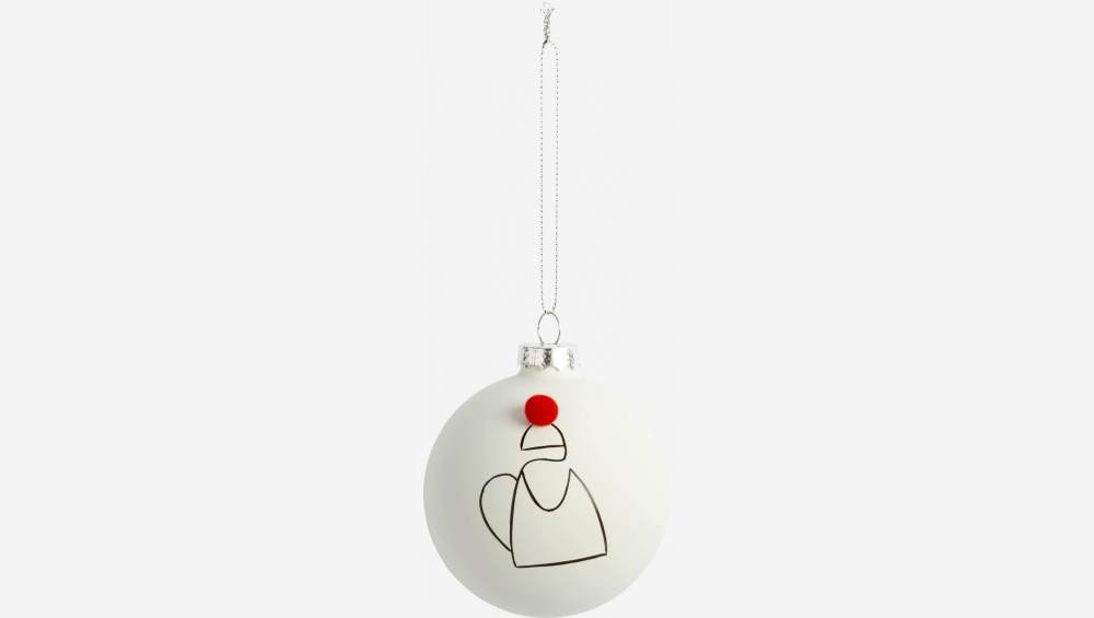 Decoração de Natal - Bola vidro c/ padrão Pai Natal e pompom - Branco