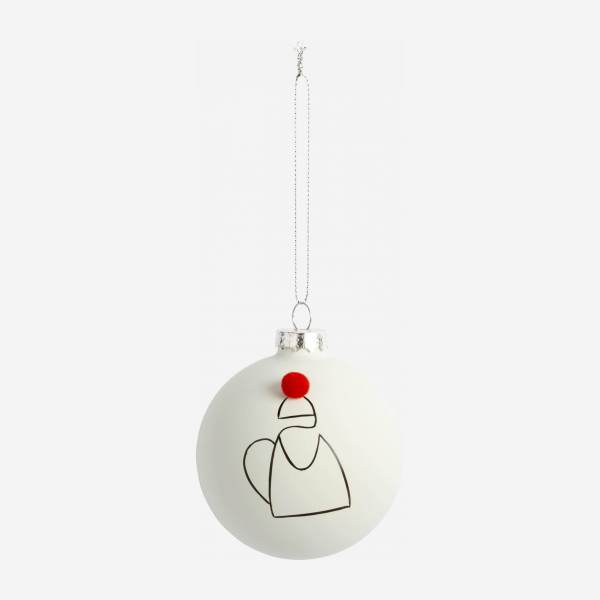 Decoración navideña - Bola de vidrio con Papa Noel dibujado y pompón  - Blanco