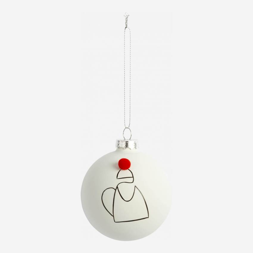 Decoração de Natal - Bola vidro c/ padrão Pai Natal e pompom - Branco