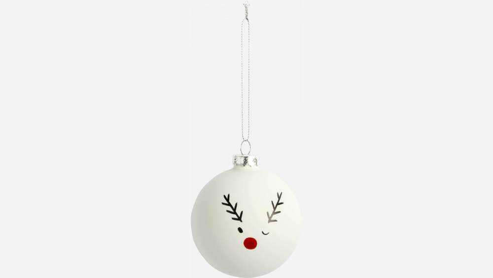 Decoração de Natal - Bola de vidro c/ padrão Rudolfo - Branco