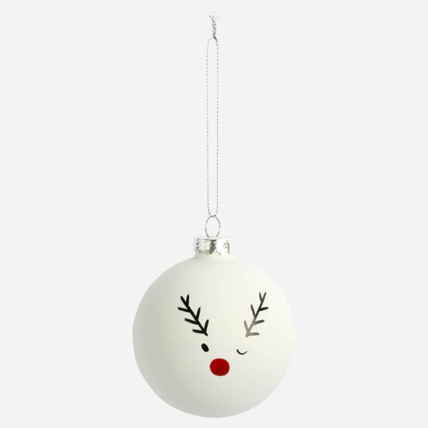 Decoração de Natal - Bola de vidro c/ padrão Rudolfo - Branco