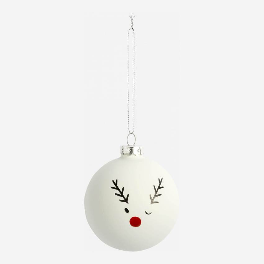 Decoración navideña - Bola de vidrio con dibujo de Rudolph - Blanco