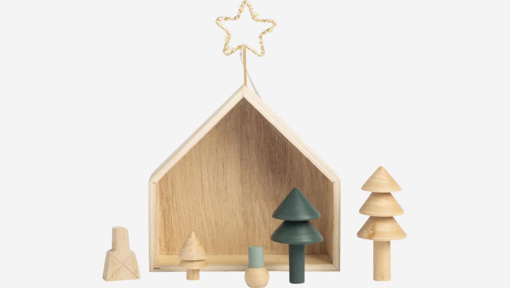 Decoración de Navidad - Casita de madera con abetos - Multicolor
