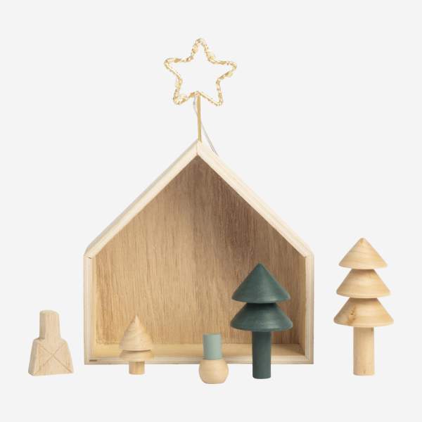 Decorazione natalizia - Casa di legno con alberi - Multicolore