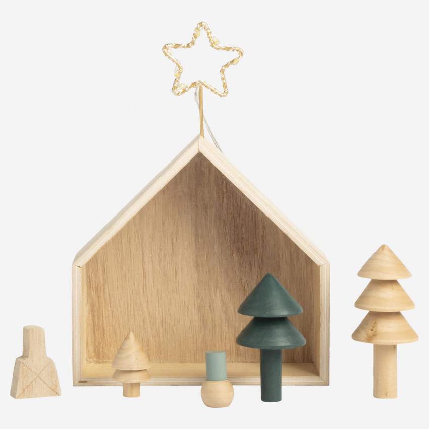 Weihnachtsdekoration - Holzhäuschen mit Tannenbäumen - Bunt