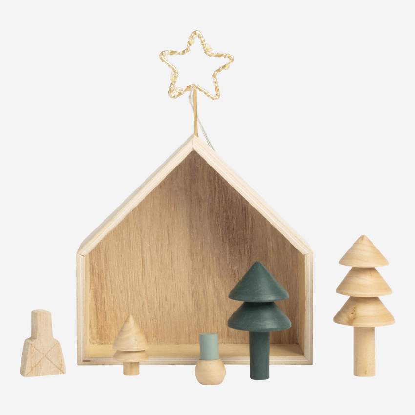Decoração de Natal - Casinha madeira árvores - Multicolor