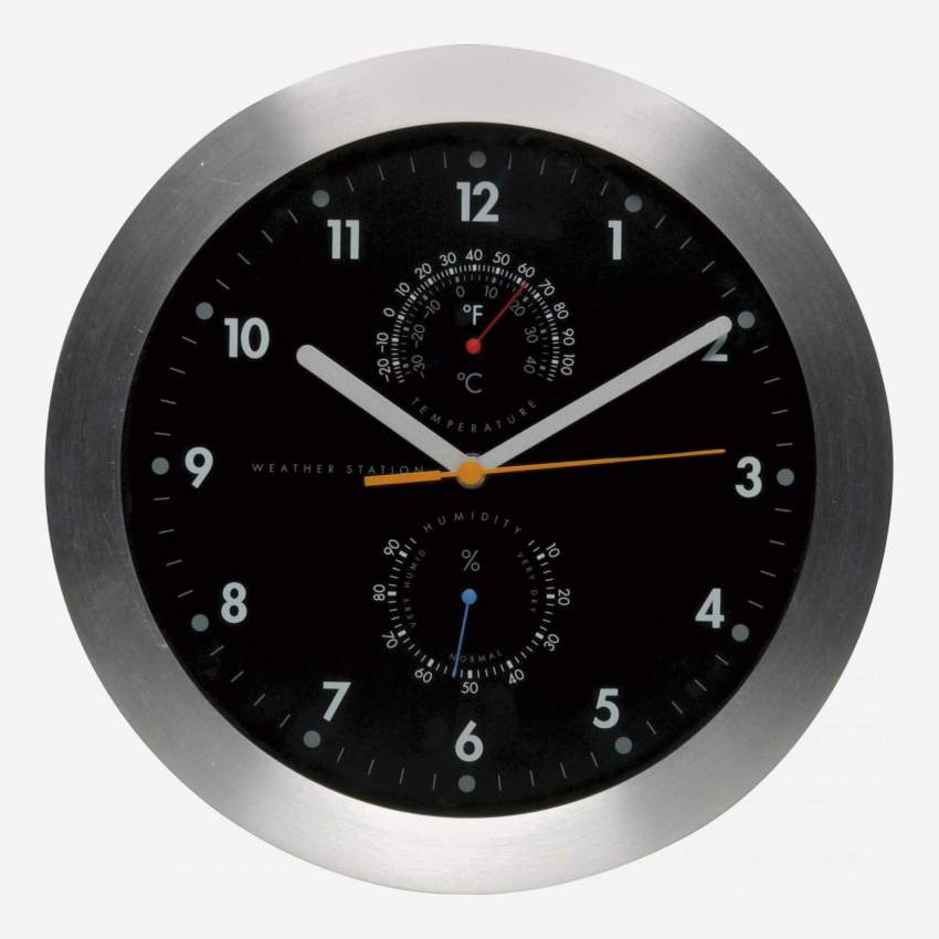Relógio de parede em metal e vidro com termómetro integrado