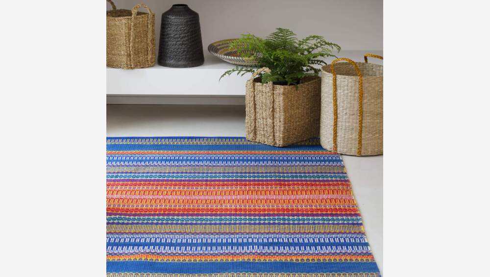 Handgewebter Teppich aus Baumwolle - 170 x 240 cm - Orange und Blau