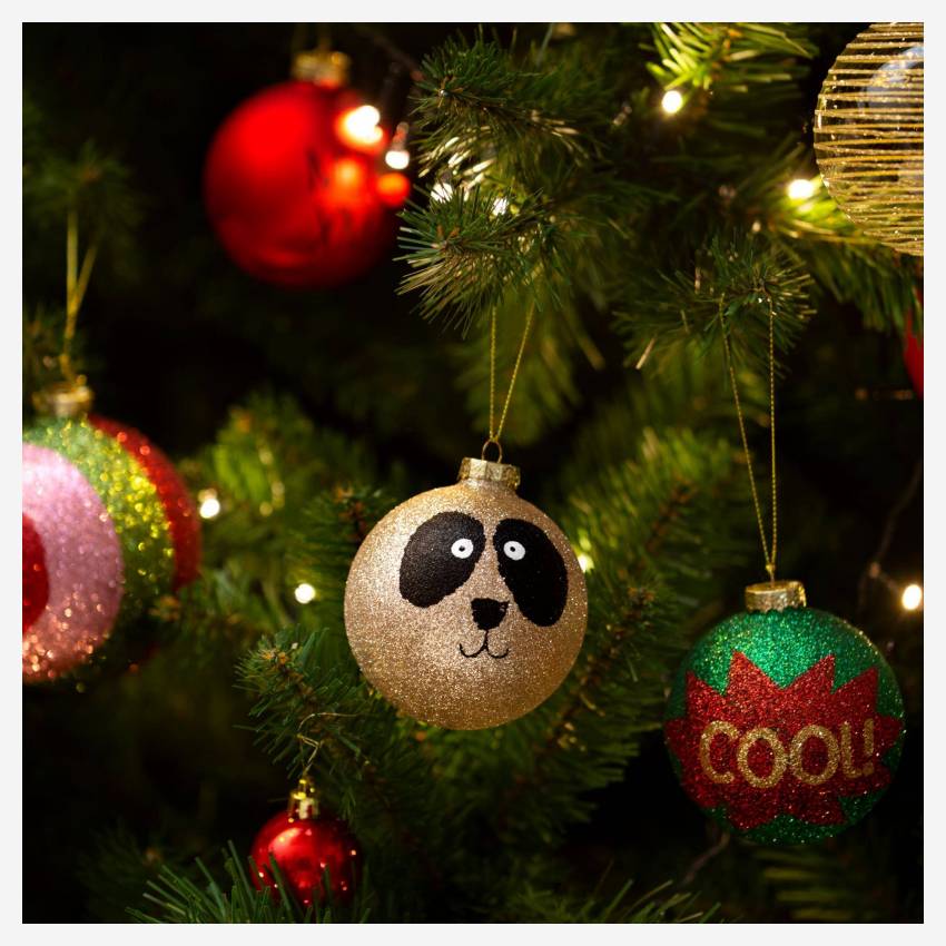 Decoración navideña - Bola de vidrio cara de panda - Dorada