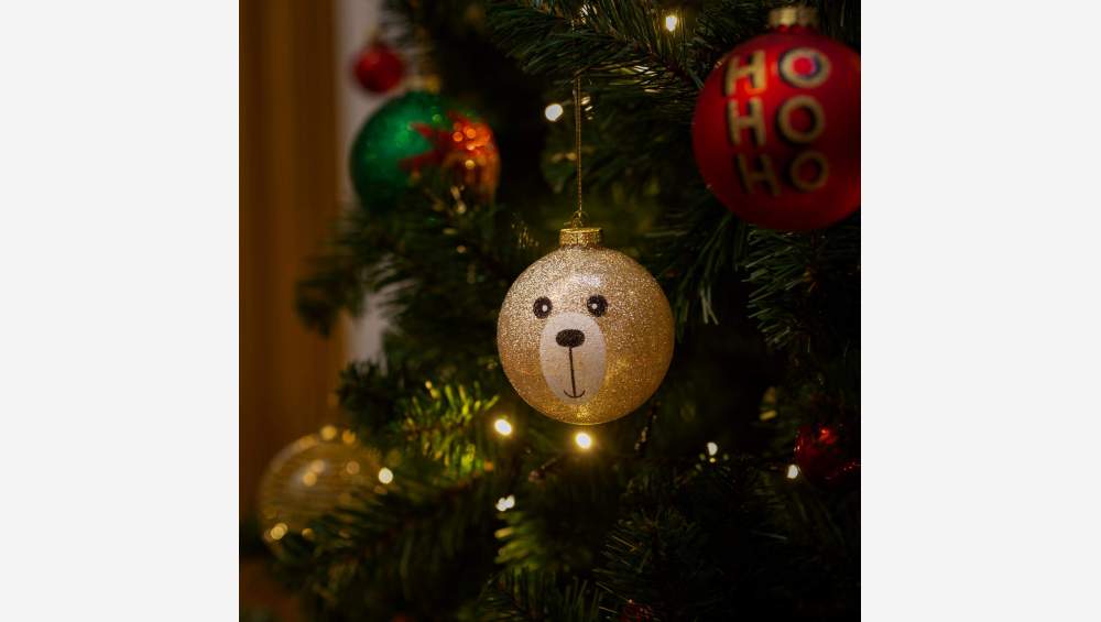 Decoración navideña - Bola de vidrio cara de oso - Dorada