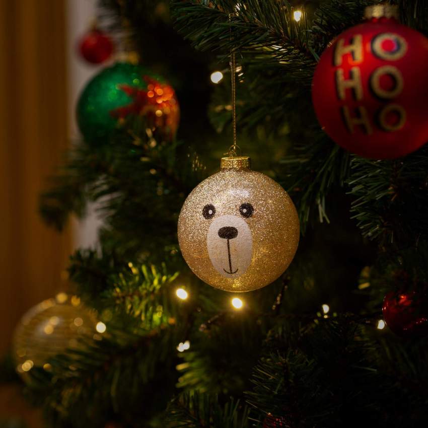 Decoración navideña - Bola de vidrio cara de oso - Dorada