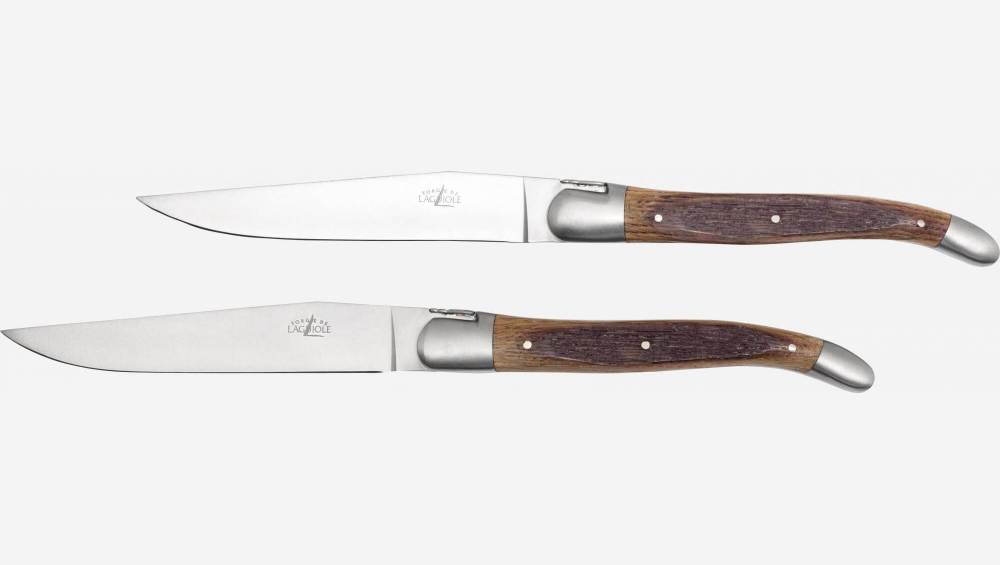 Set di 2 coltelli da tavola in acciaio inox e manico in quercia