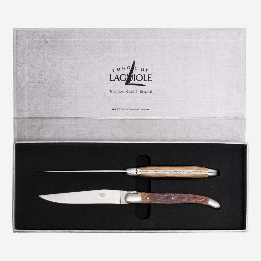 Set di 2 coltelli da tavola in acciaio inox e manico in quercia