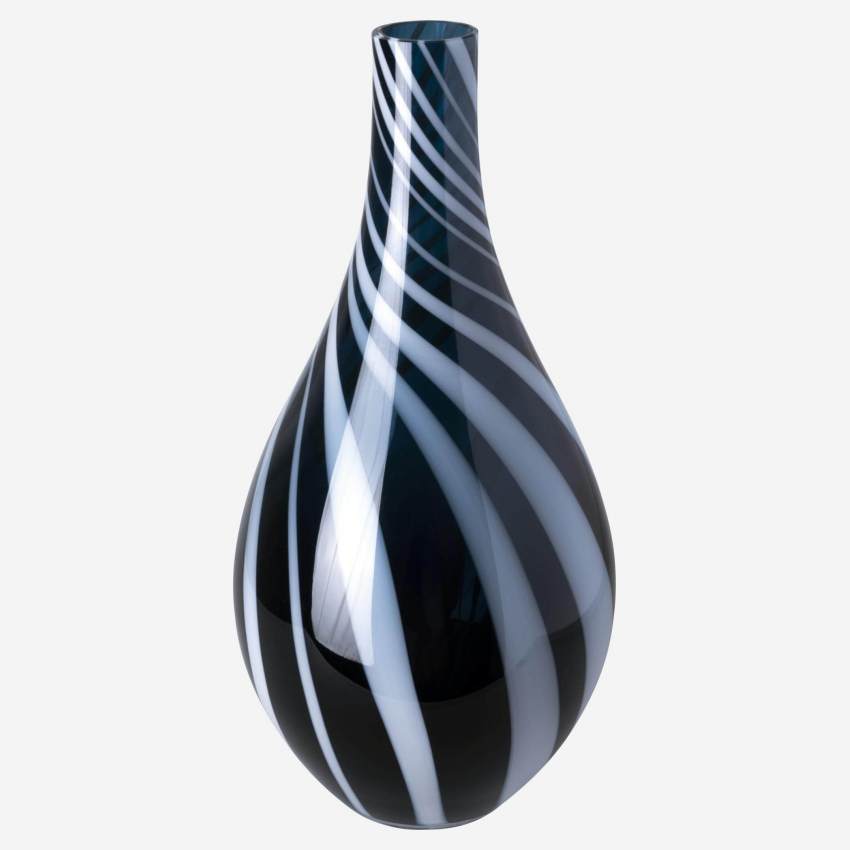 Vase en verre soufflé - 14,5 x 30 cm - Bleu nuit et blanc