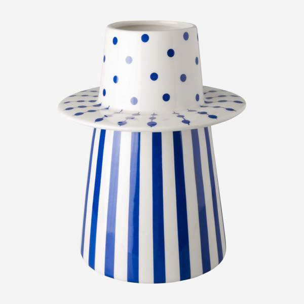 Vase aus Keramik - 19 x 24,5 cm - Blaues Streifen- und Punktemuster