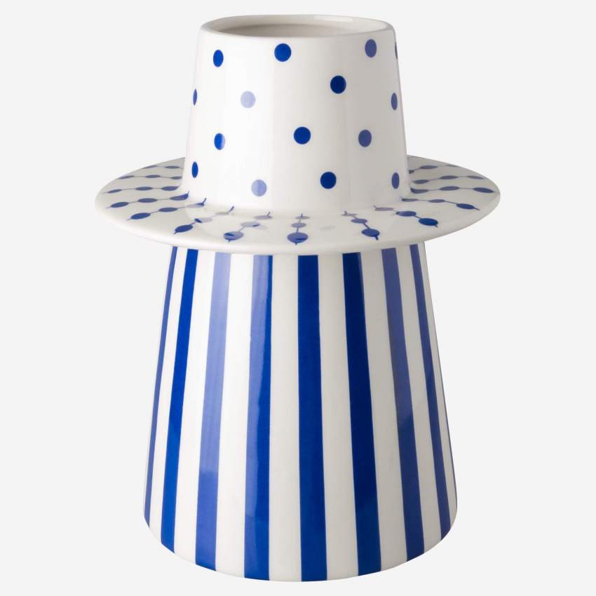 Vaso in ceramica - 19 x 24,5 cm - Motivo a linee e punti blu