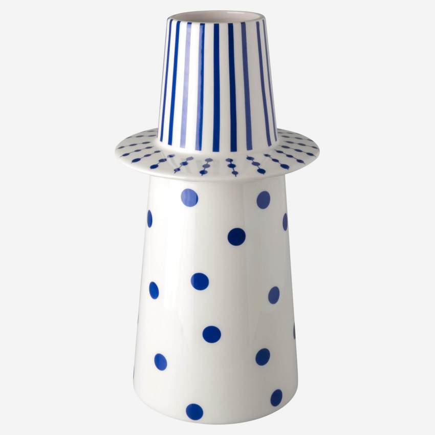 Vase aus Keramik - 17 x 31,5 cm - Blaues Streifen- und Punktemuster