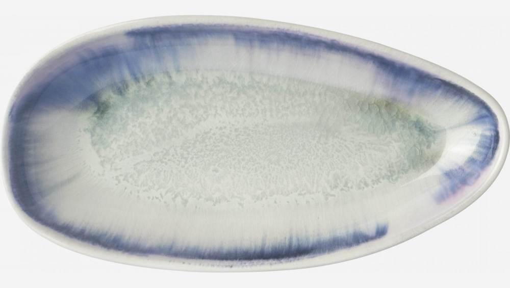 Plat de service oval en grès - 23,5 cm - Blanc et bleu 
