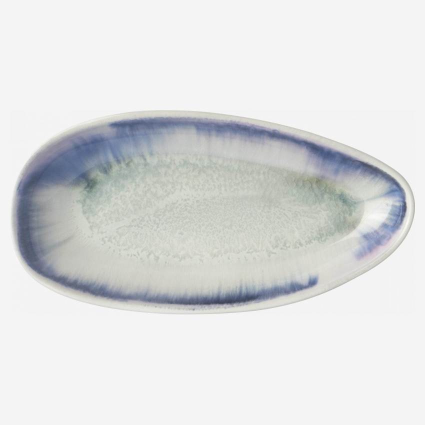 Plat de service oval en grès - 23,5 cm - Blanc et bleu 