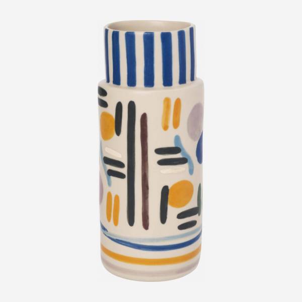 Vase aus Sandstein – 21 cm – Muster in Blau und Orange by Floriane Jacques