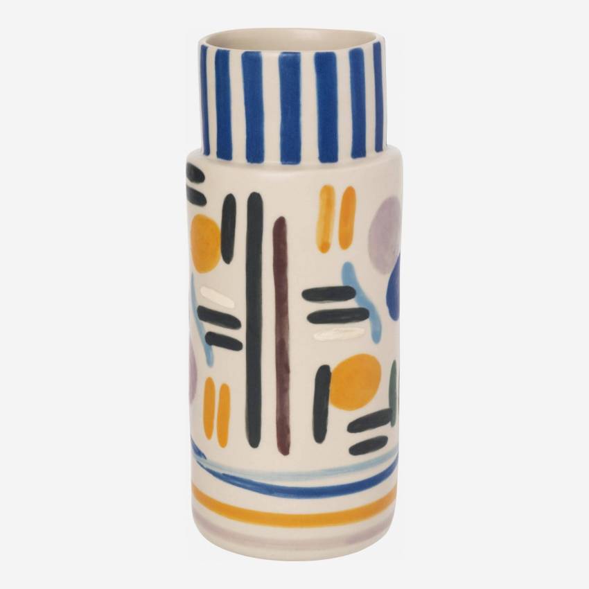 Vase aus Sandstein – 21 cm – Muster in Blau und Orange by Floriane Jacques