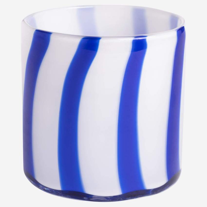 Suporte de vela em vidro soprado - 10 x 10 cm - Riscas azuis  