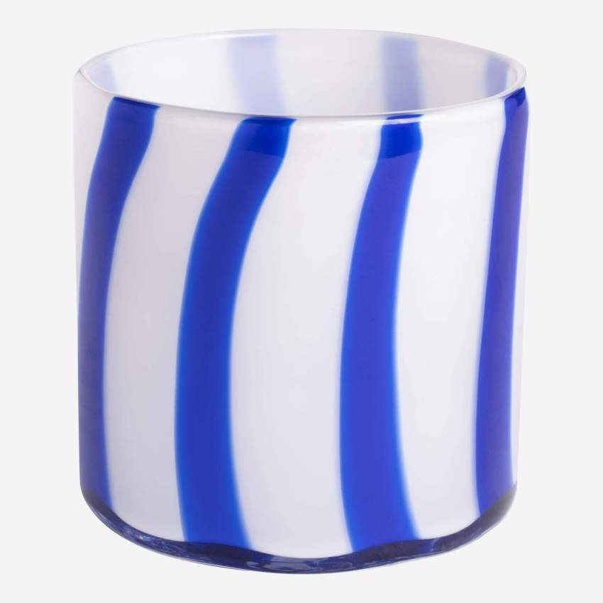 Suporte de vela em vidro soprado - 10 x 10 cm - Riscas azuis  