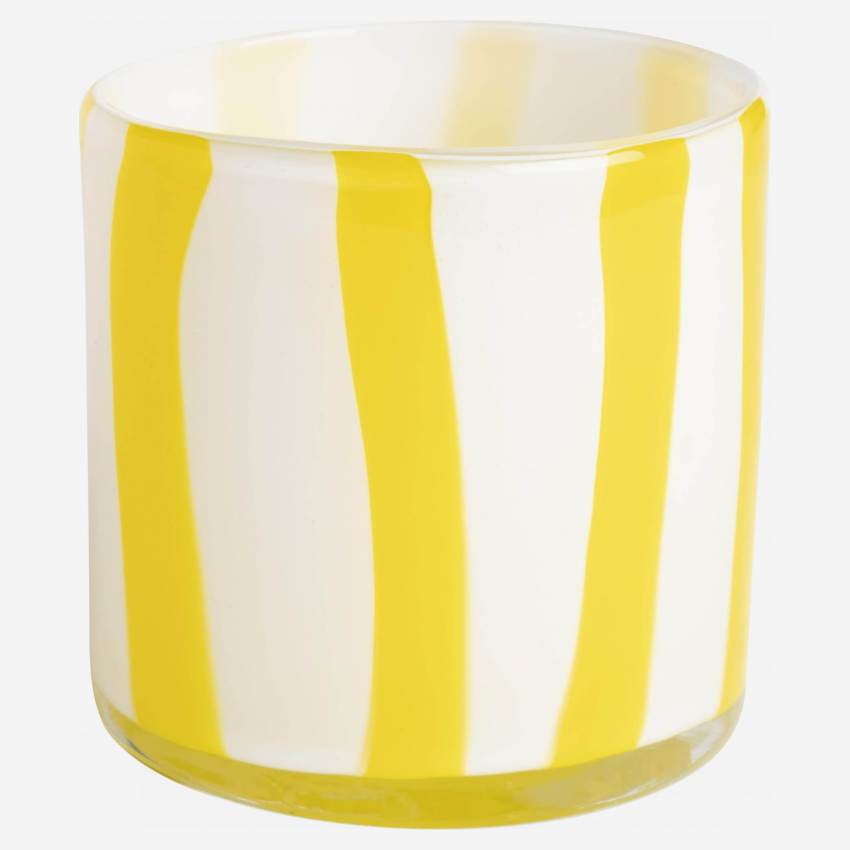 Suporte de vela em vidro soprado - 10 x 10 cm - Riscas amarelas  