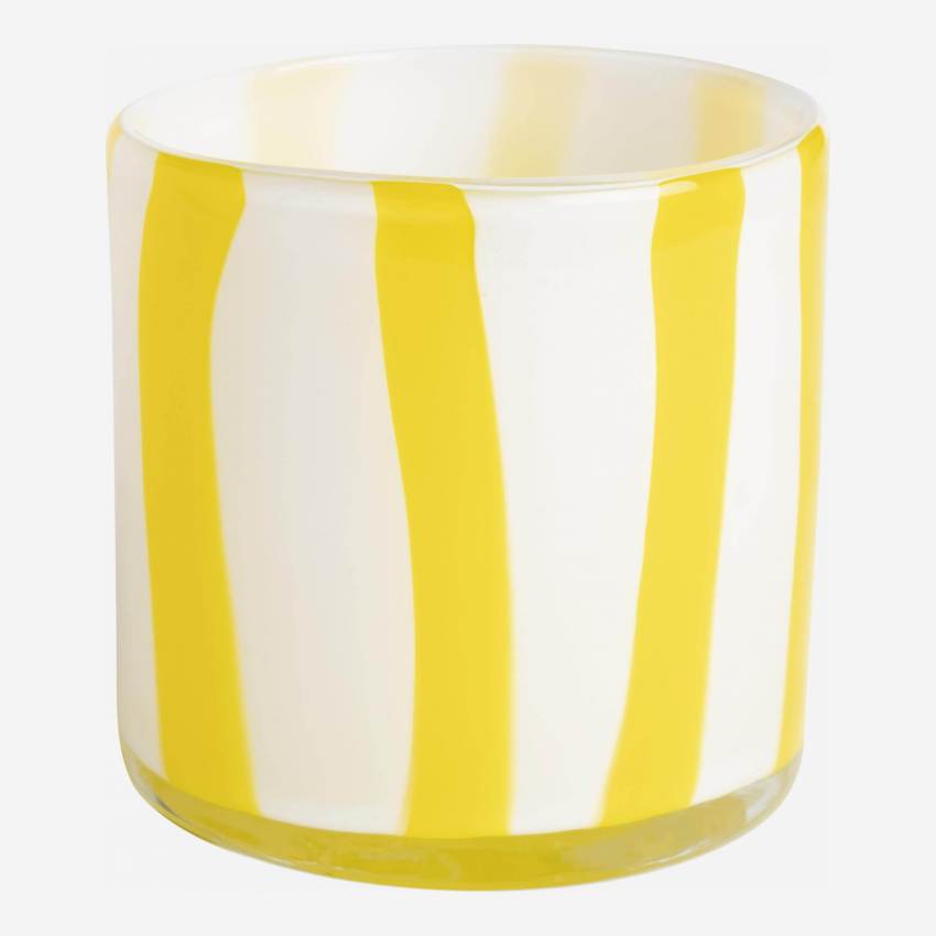 Windlicht aus mundgeblasenem Glas - 10 x 10 cm - Gelbe Streifen  