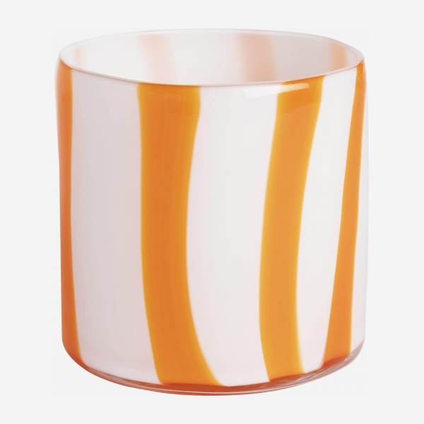 Vaso per candele in vetro soffiato a bocca - 10 x 10 cm - A righe arancioni