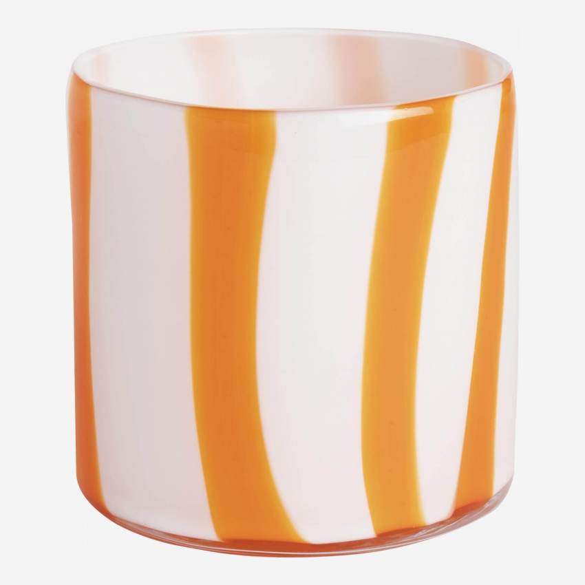 Windlicht aus mundgeblasenem Glas - 10 x 10 cm - Orangefarbene Streifen