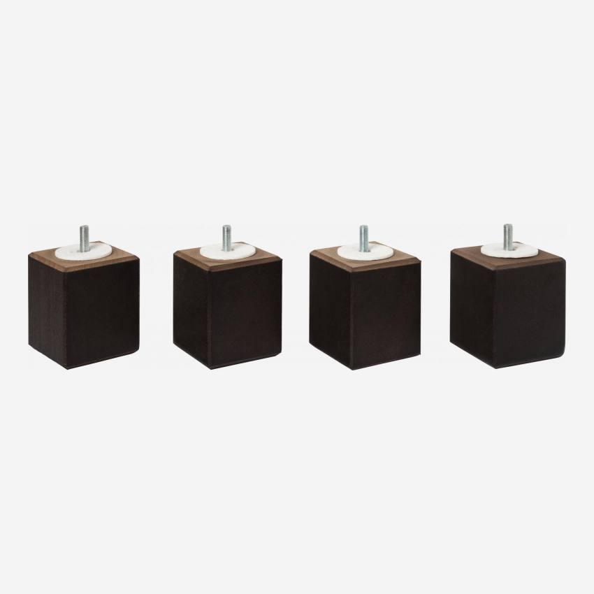 Set van 4 kubusvormige bedpoten van beukenhout - 8,5 cm - Zwart