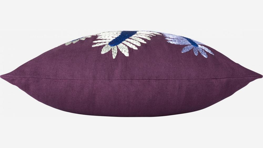 Cuscino in lino ricamato a mano - 45 x 45 cm -Motivo foglie - Design by Floriane Jacques