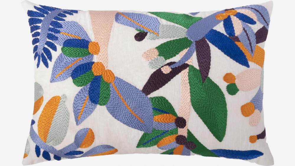 Cuscino in lino ricamato a mano - 40 x 60 cm -Motivo fiori - Design by Floriane Jacques