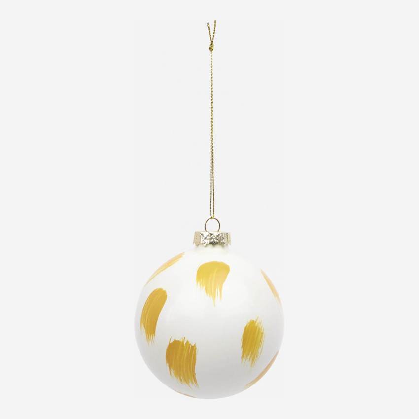 Kerstdecoratie - Glazen kerstbal met geel motief 